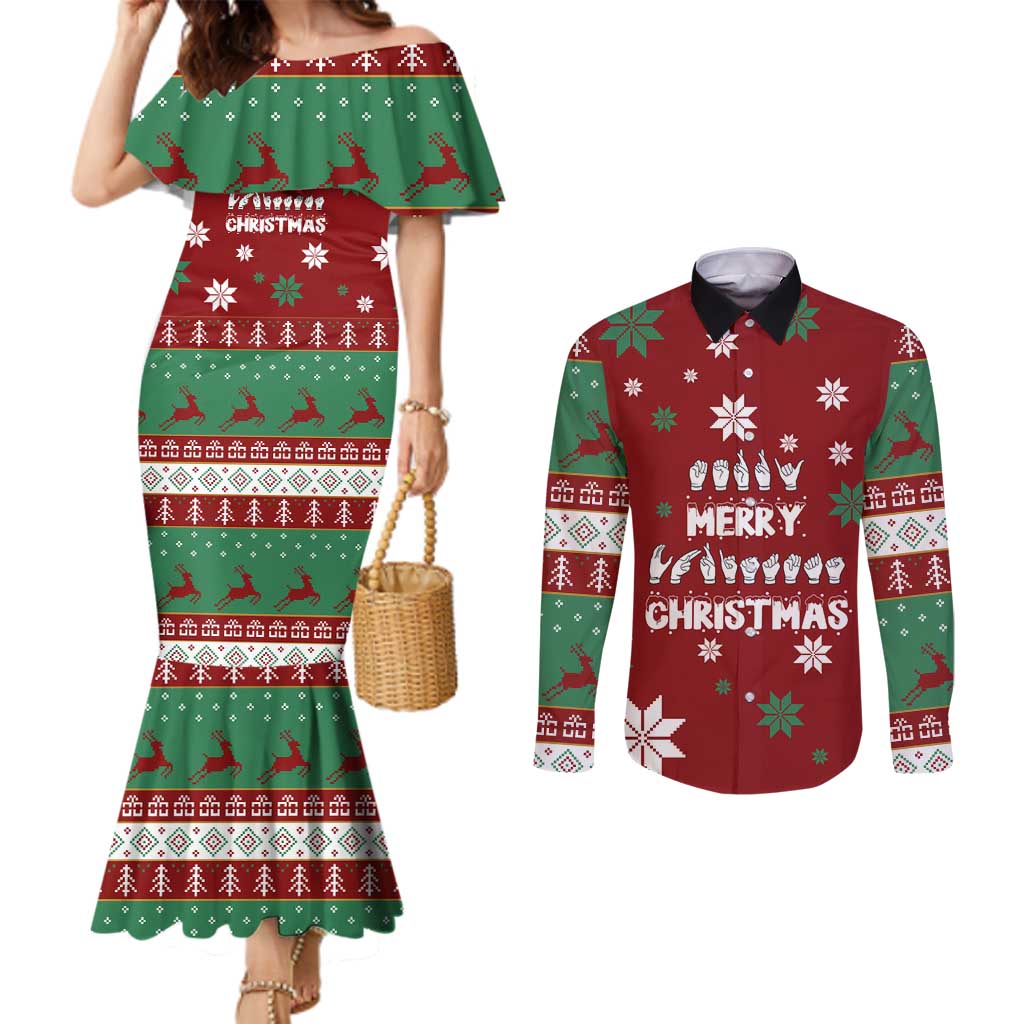 Sign Language Merry Christmas Couples Matching Mermaid Dress and Long Sleeve Button Shirt Xmas Holiday Patterns - Wonder Print Shop