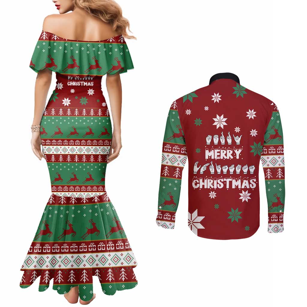 Sign Language Merry Christmas Couples Matching Mermaid Dress and Long Sleeve Button Shirt Xmas Holiday Patterns - Wonder Print Shop