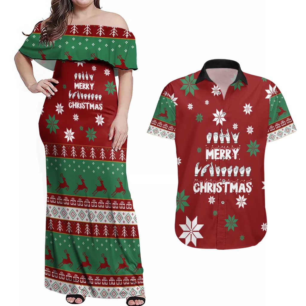 Sign Language Merry Christmas Couples Matching Off Shoulder Maxi Dress and Hawaiian Shirt Xmas Holiday Patterns - Wonder Print Shop
