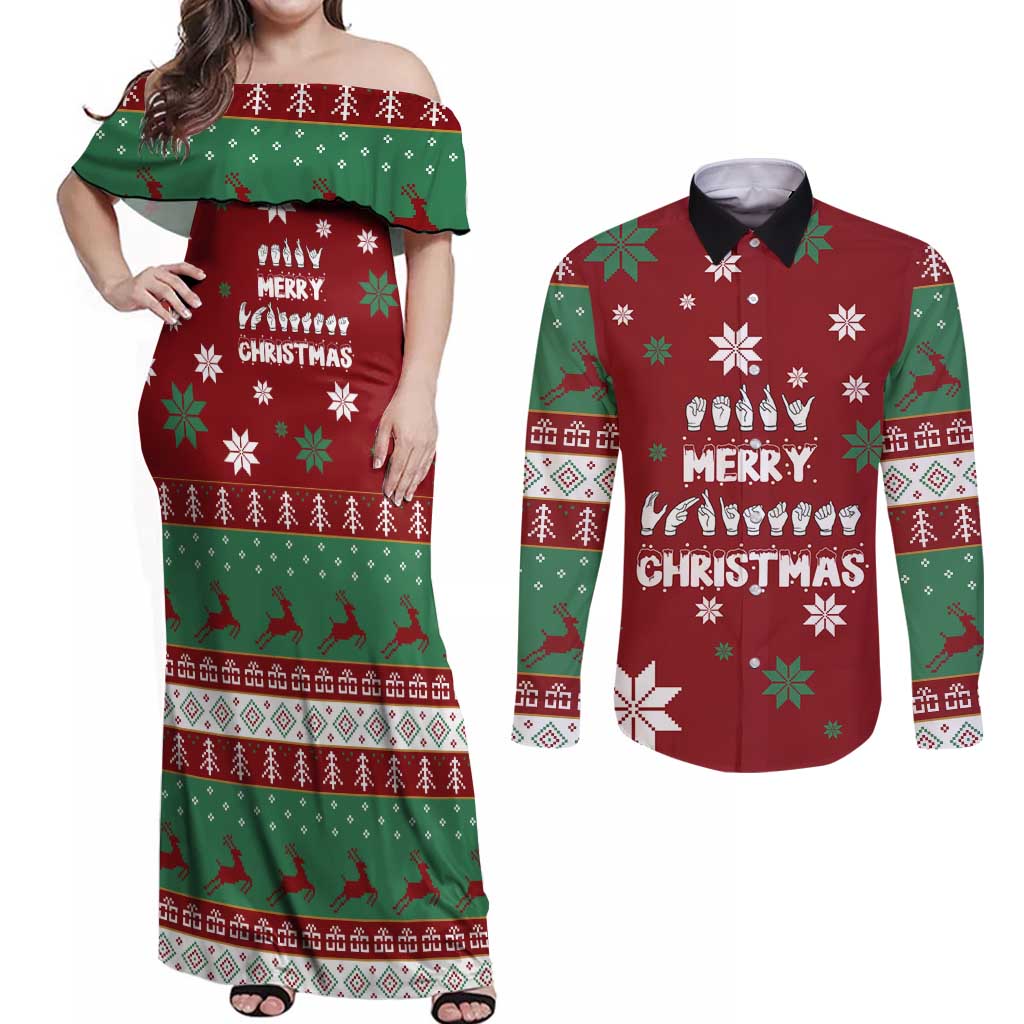 Sign Language Merry Christmas Couples Matching Off Shoulder Maxi Dress and Long Sleeve Button Shirt Xmas Holiday Patterns - Wonder Print Shop