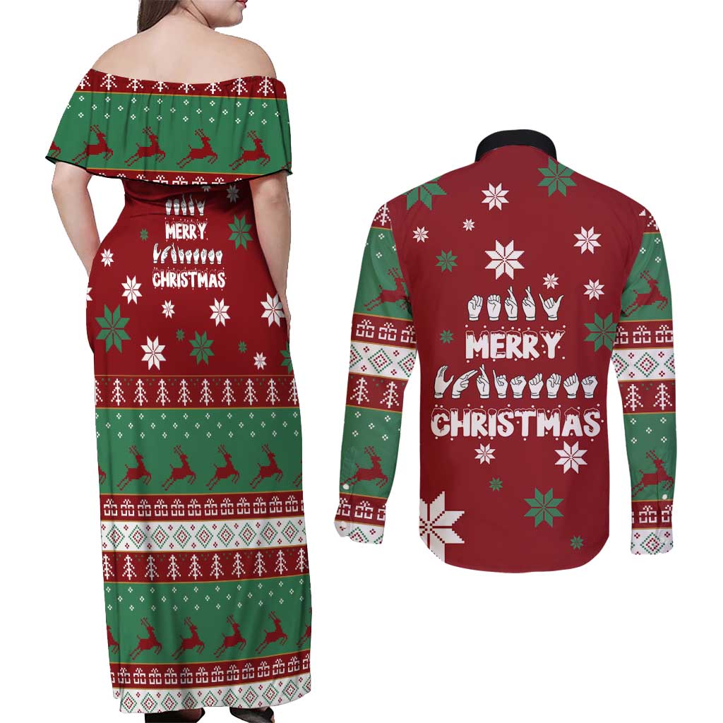 Sign Language Merry Christmas Couples Matching Off Shoulder Maxi Dress and Long Sleeve Button Shirt Xmas Holiday Patterns - Wonder Print Shop