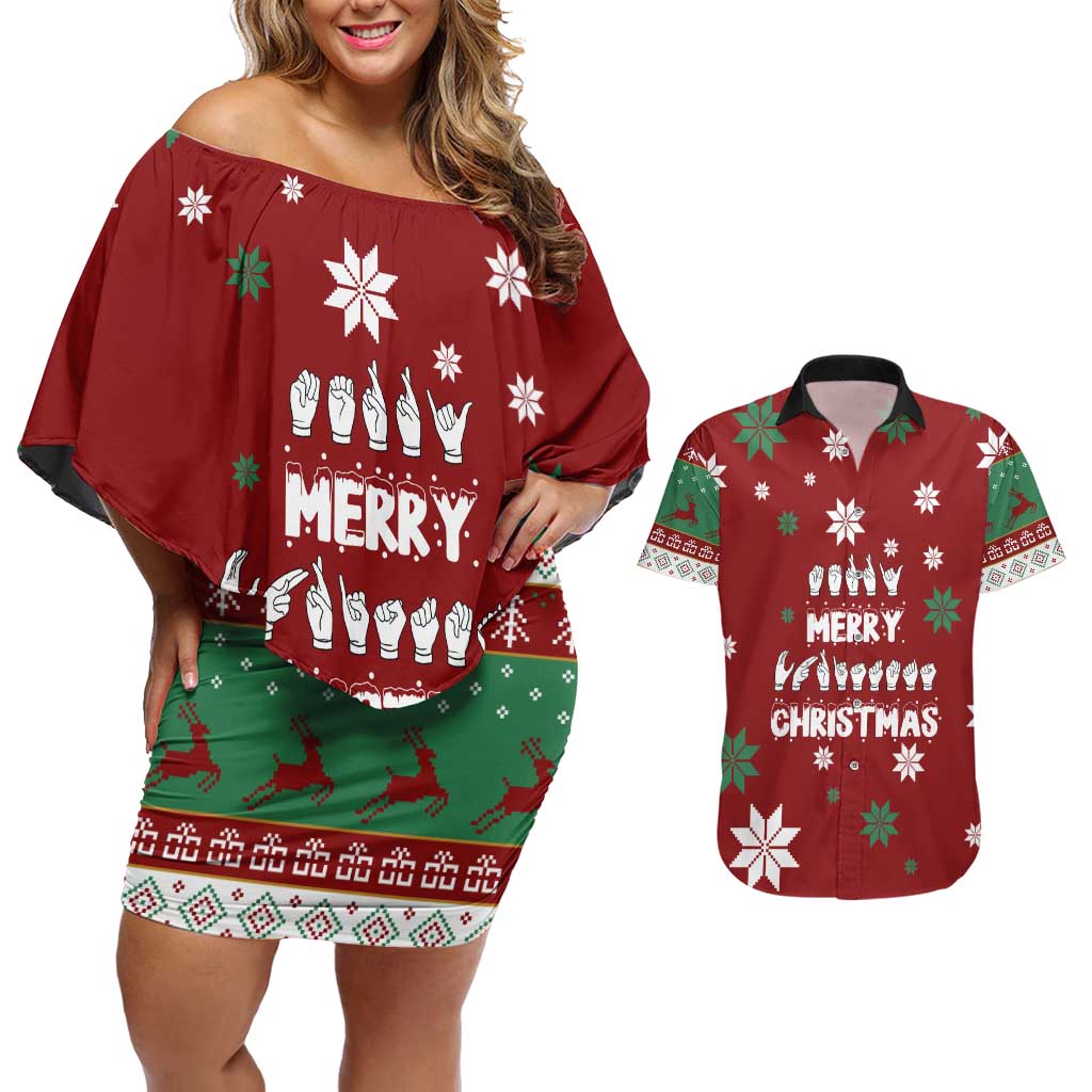 Sign Language Merry Christmas Couples Matching Off Shoulder Short Dress and Hawaiian Shirt Xmas Holiday Patterns - Wonder Print Shop