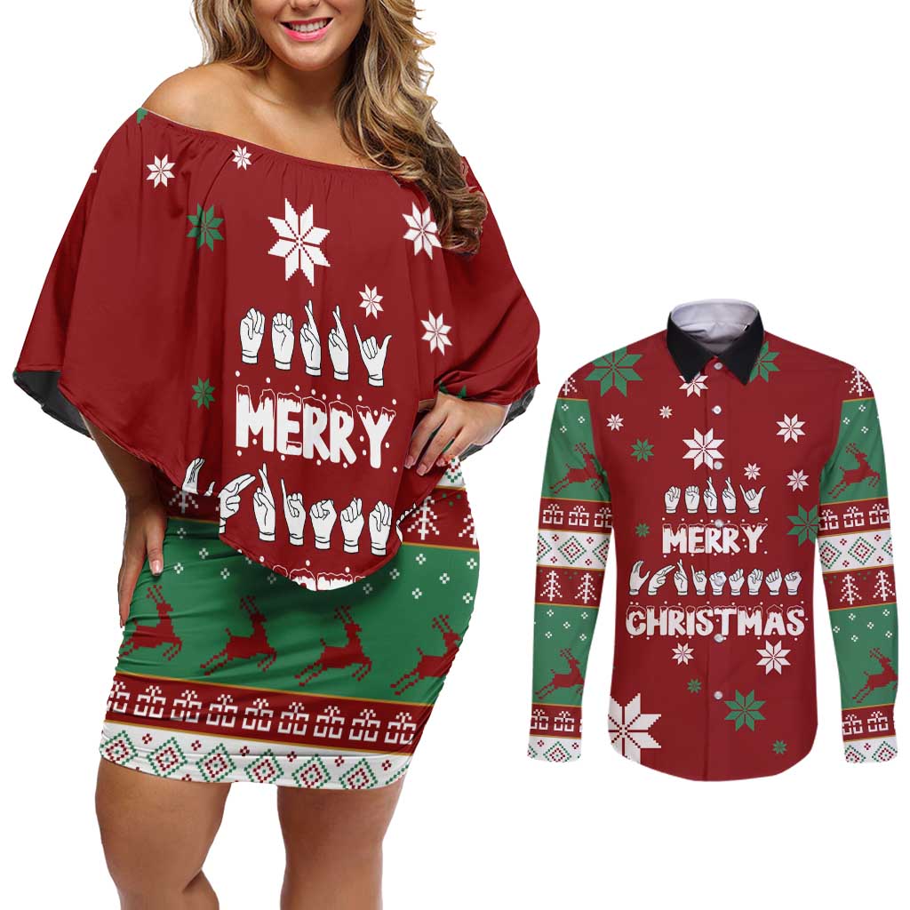 Sign Language Merry Christmas Couples Matching Off Shoulder Short Dress and Long Sleeve Button Shirt Xmas Holiday Patterns - Wonder Print Shop
