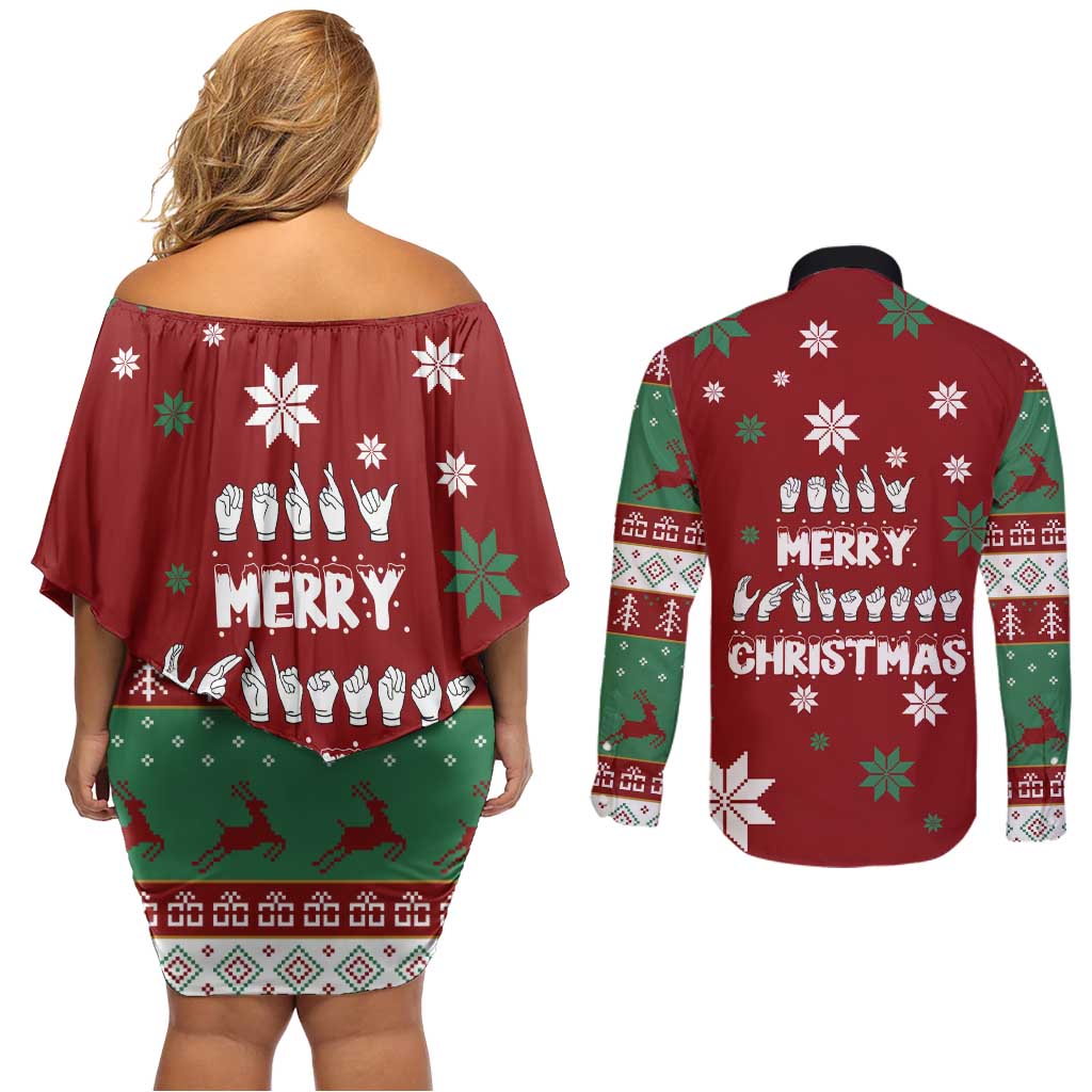 Sign Language Merry Christmas Couples Matching Off Shoulder Short Dress and Long Sleeve Button Shirt Xmas Holiday Patterns - Wonder Print Shop