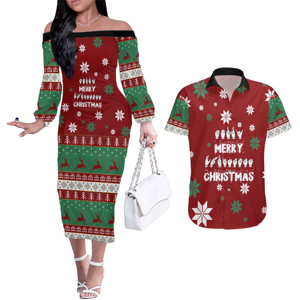 Sign Language Merry Christmas Couples Matching Off The Shoulder Long Sleeve Dress and Hawaiian Shirt Xmas Holiday Patterns - Wonder Print Shop