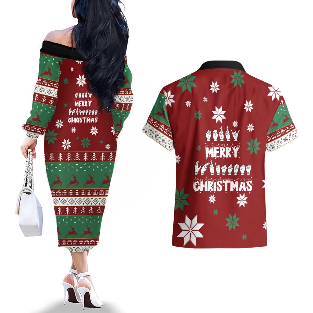 Sign Language Merry Christmas Couples Matching Off The Shoulder Long Sleeve Dress and Hawaiian Shirt Xmas Holiday Patterns - Wonder Print Shop