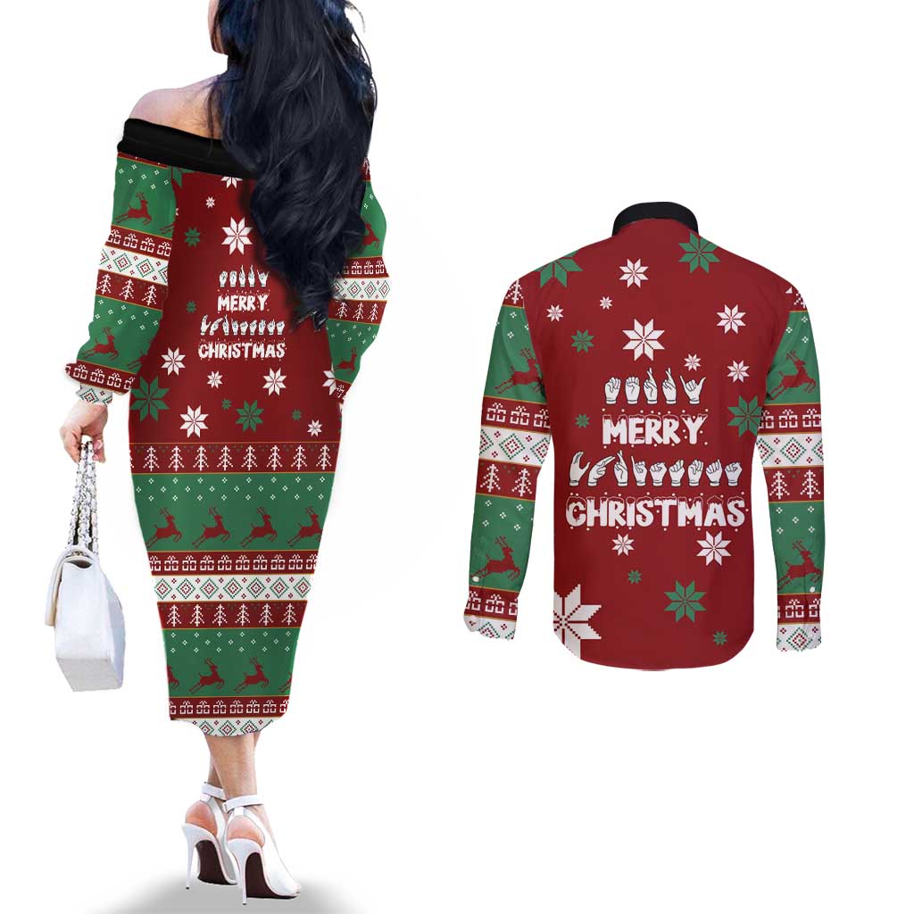 Sign Language Merry Christmas Couples Matching Off The Shoulder Long Sleeve Dress and Long Sleeve Button Shirt Xmas Holiday Patterns - Wonder Print Shop