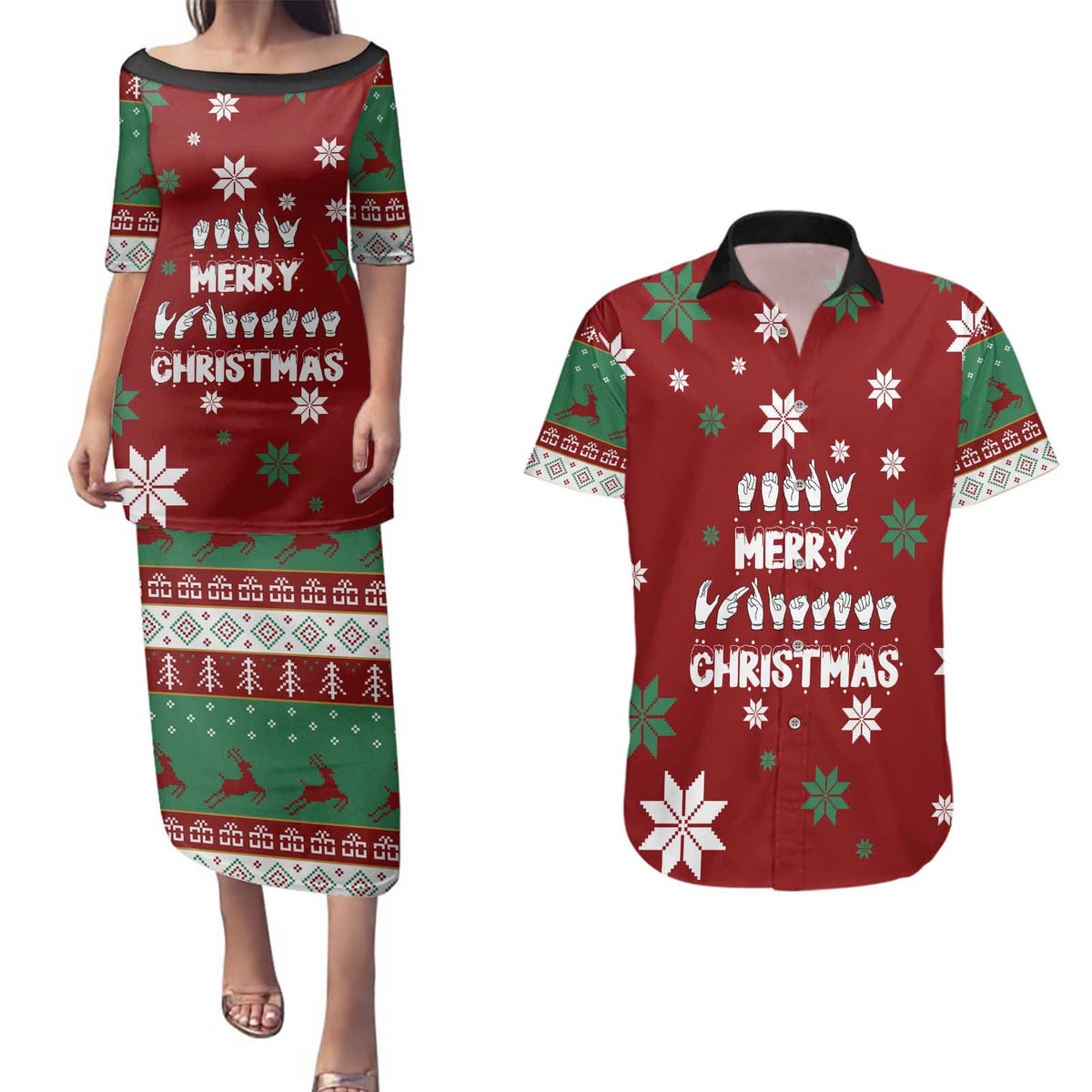 Sign Language Merry Christmas Couples Matching Puletasi and Hawaiian Shirt Xmas Holiday Patterns - Wonder Print Shop