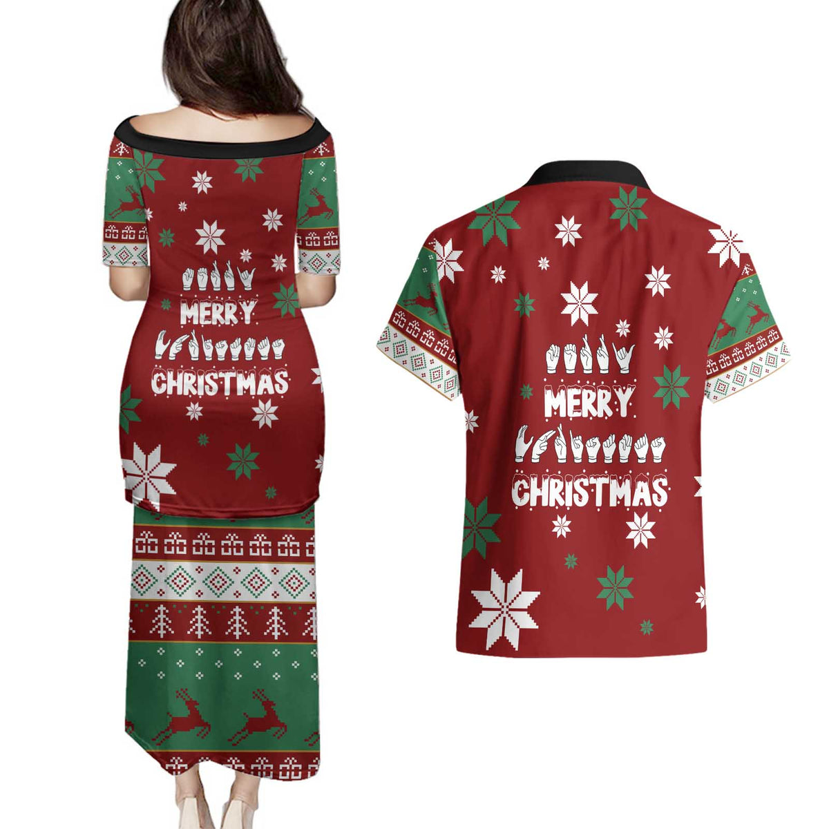 Sign Language Merry Christmas Couples Matching Puletasi and Hawaiian Shirt Xmas Holiday Patterns - Wonder Print Shop