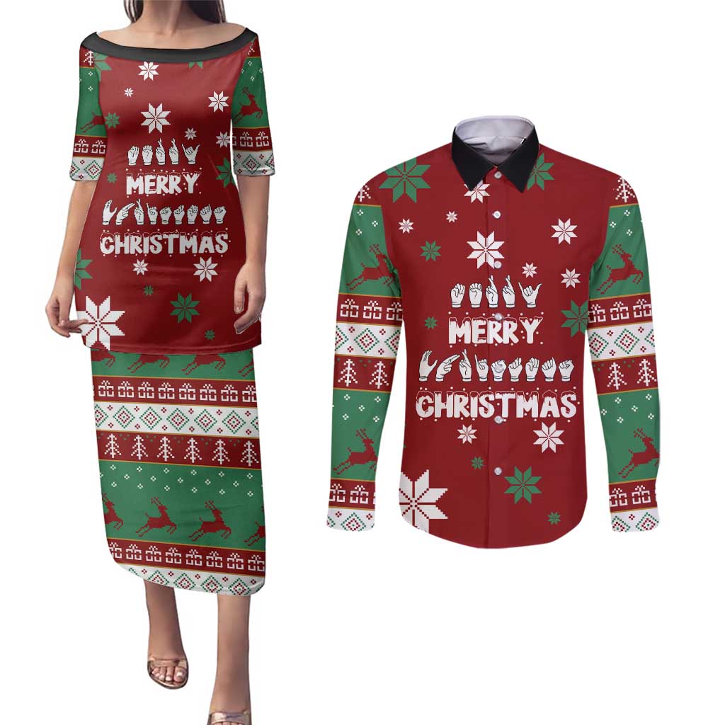 Sign Language Merry Christmas Couples Matching Puletasi and Long Sleeve Button Shirt Xmas Holiday Patterns - Wonder Print Shop