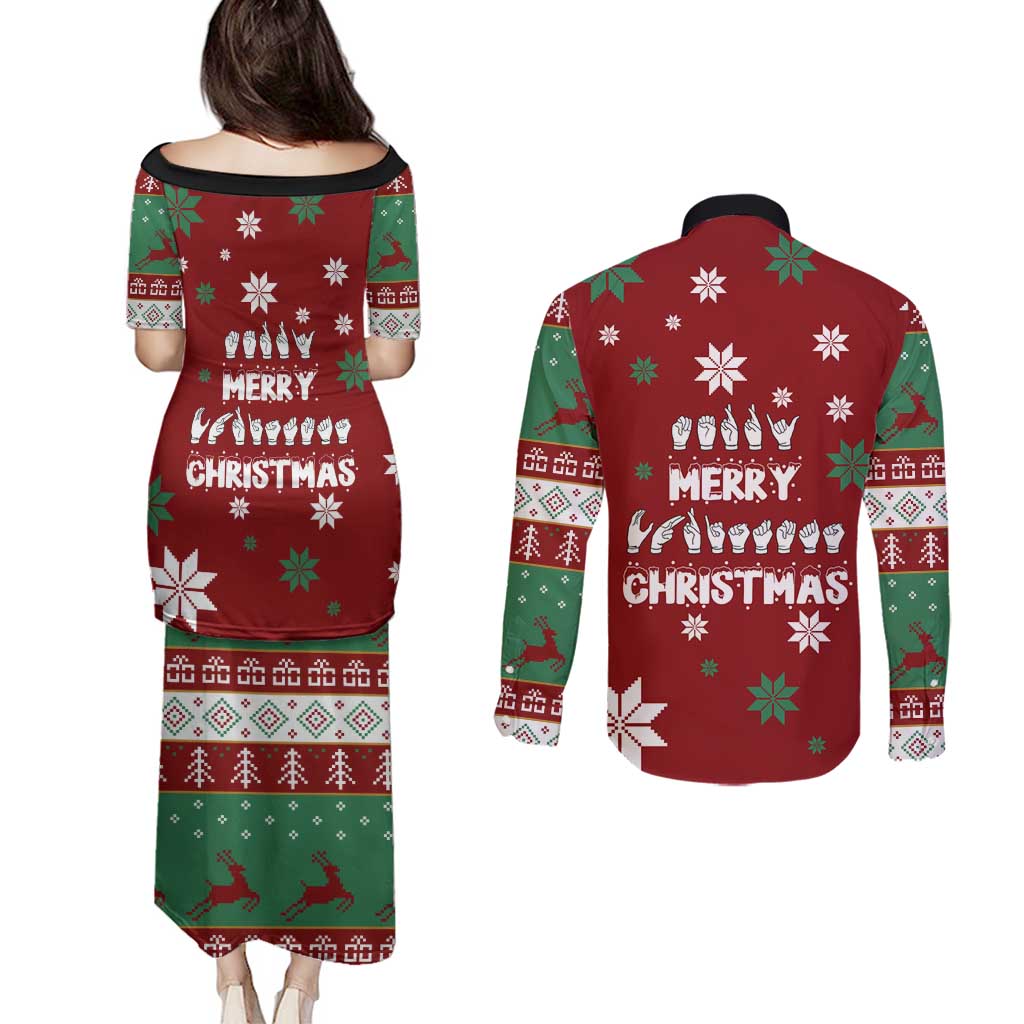 Sign Language Merry Christmas Couples Matching Puletasi and Long Sleeve Button Shirt Xmas Holiday Patterns - Wonder Print Shop