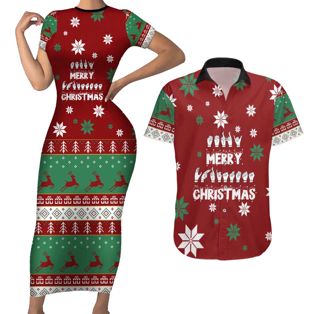 Sign Language Merry Christmas Couples Matching Short Sleeve Bodycon Dress and Hawaiian Shirt Xmas Holiday Patterns - Wonder Print Shop