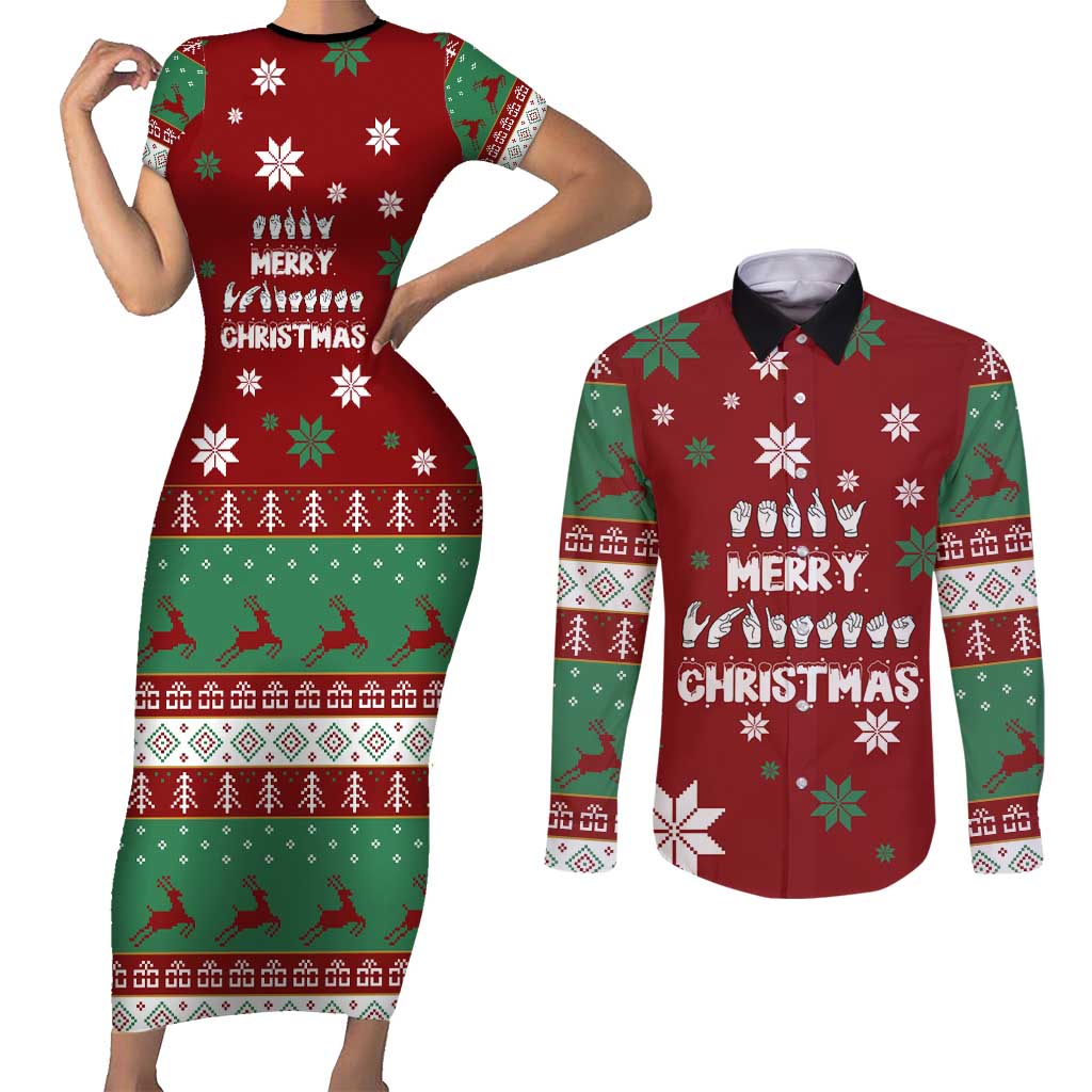 Sign Language Merry Christmas Couples Matching Short Sleeve Bodycon Dress and Long Sleeve Button Shirt Xmas Holiday Patterns - Wonder Print Shop