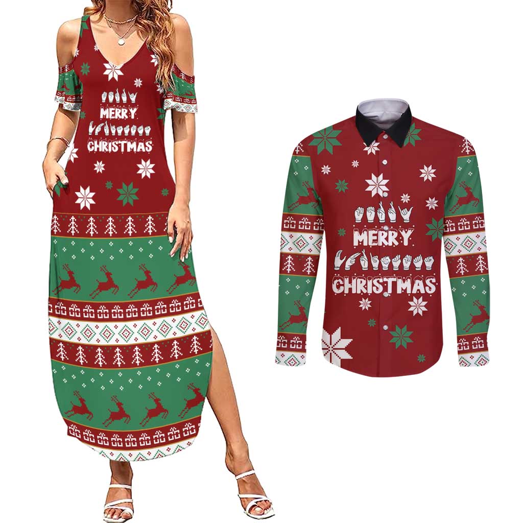Sign Language Merry Christmas Couples Matching Summer Maxi Dress and Long Sleeve Button Shirt Xmas Holiday Patterns - Wonder Print Shop
