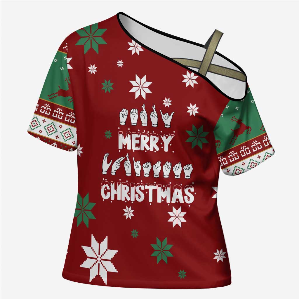 Sign Language Merry Christmas Cross Shoulder Shirt Xmas Holiday Patterns - Wonder Print Shop