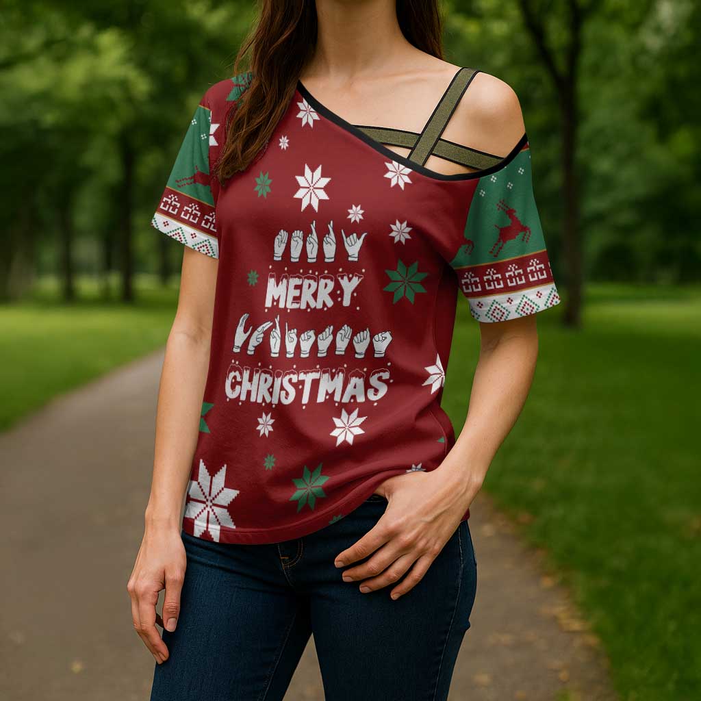 Sign Language Merry Christmas Cross Shoulder Shirt Xmas Holiday Patterns - Wonder Print Shop