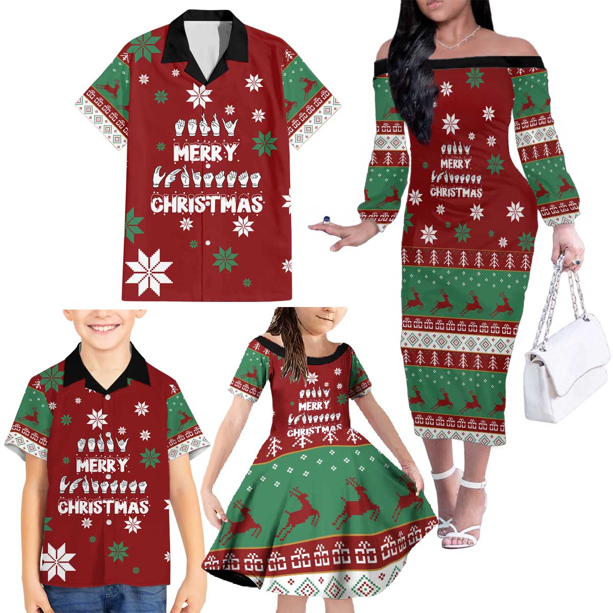 Sign Language Merry Christmas Family Matching Off The Shoulder Long Sleeve Dress and Hawaiian Shirt Xmas Holiday Patterns - Wonder Print Shop
