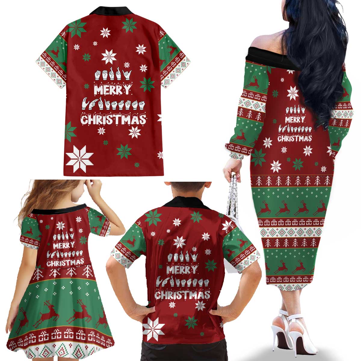 Sign Language Merry Christmas Family Matching Off The Shoulder Long Sleeve Dress and Hawaiian Shirt Xmas Holiday Patterns - Wonder Print Shop