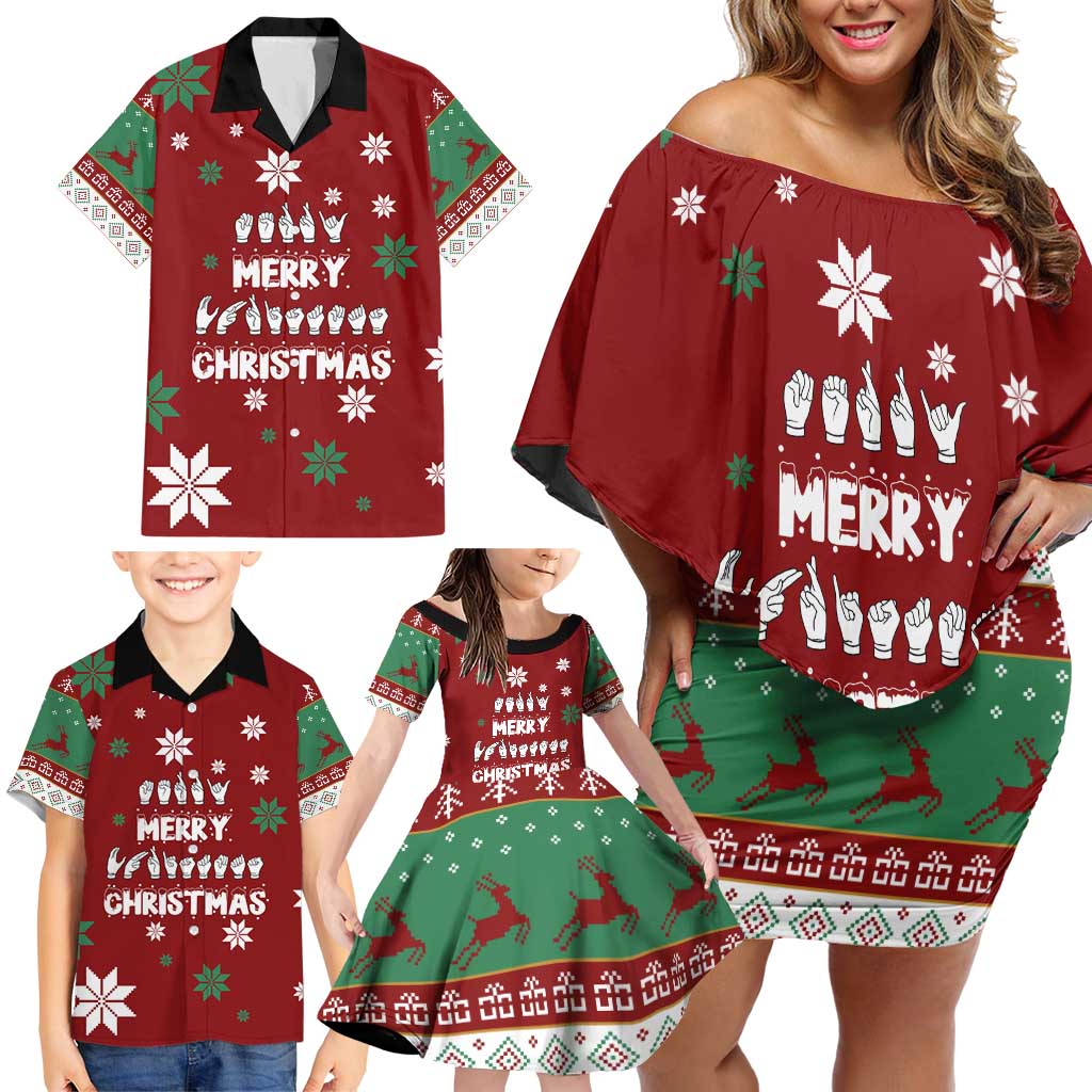 Sign Language Merry Christmas Family Matching Off Shoulder Short Dress and Hawaiian Shirt Xmas Holiday Patterns - Wonder Print Shop