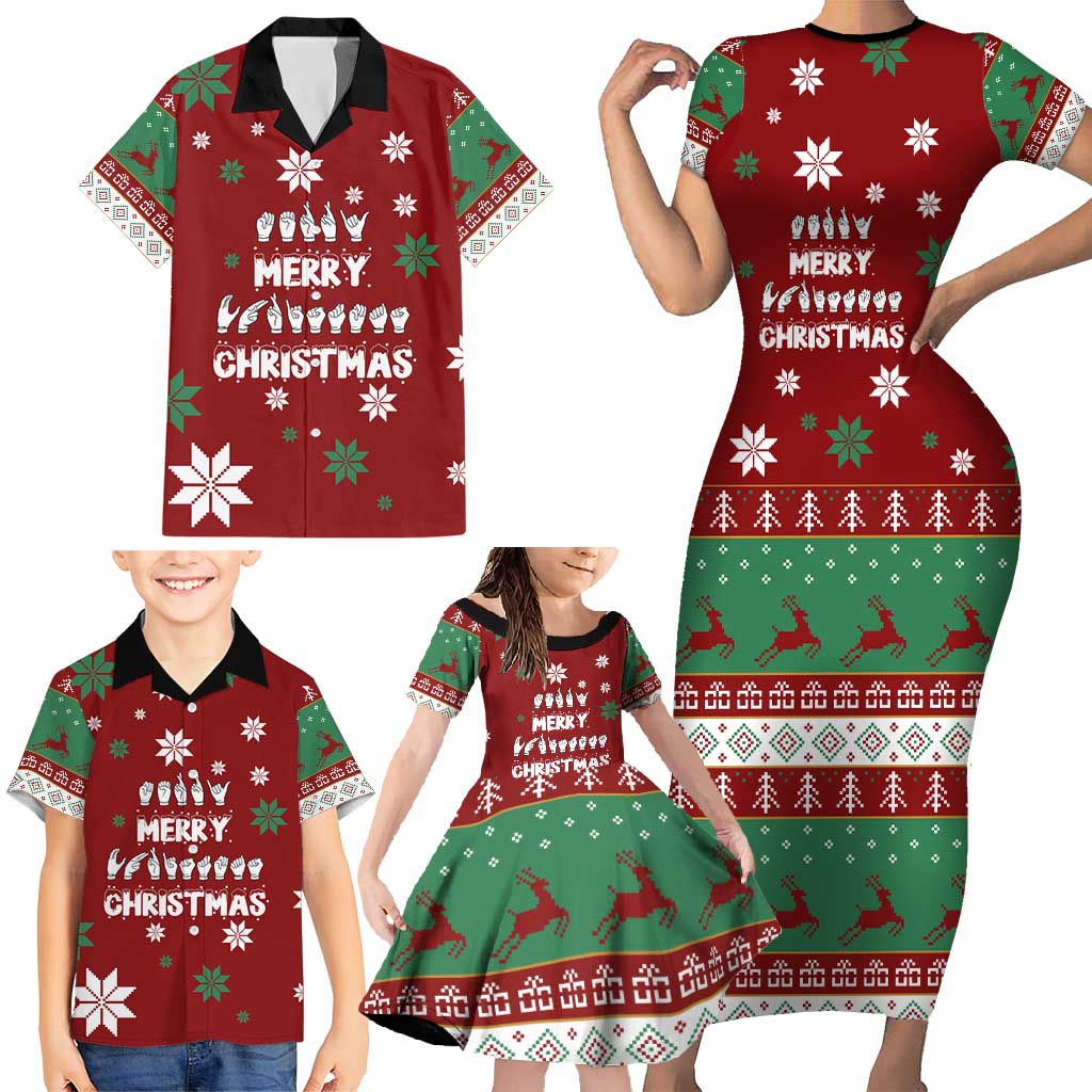 Sign Language Merry Christmas Family Matching Short Sleeve Bodycon Dress and Hawaiian Shirt Xmas Holiday Patterns - Wonder Print Shop
