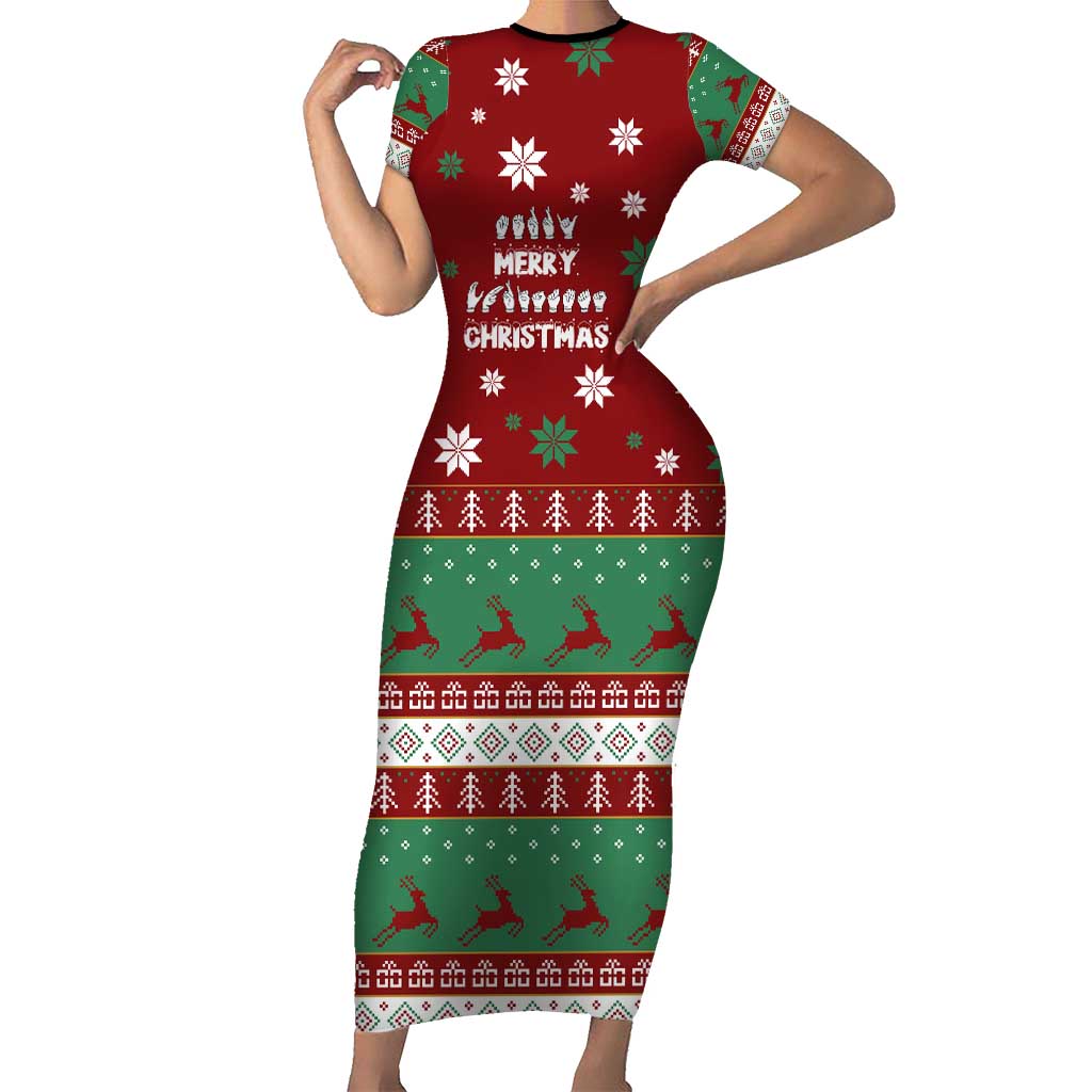 Sign Language Merry Christmas Family Matching Short Sleeve Bodycon Dress and Hawaiian Shirt Xmas Holiday Patterns - Wonder Print Shop