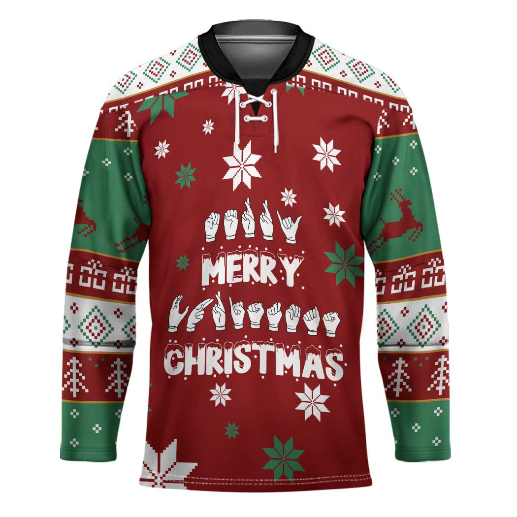 Sign Language Merry Christmas Hockey Jersey Xmas Holiday Patterns - Wonder Print Shop