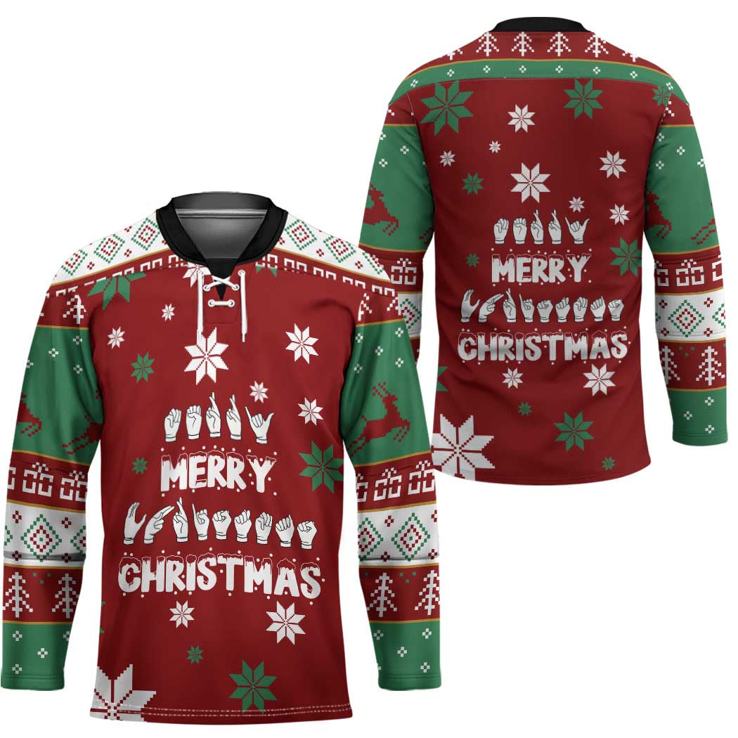 Sign Language Merry Christmas Hockey Jersey Xmas Holiday Patterns - Wonder Print Shop