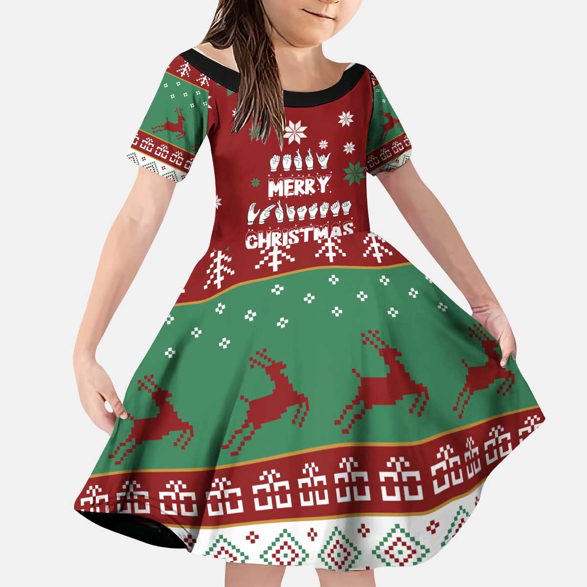 Sign Language Merry Christmas Kid Short Sleeve Dress Xmas Holiday Patterns - Wonder Print Shop
