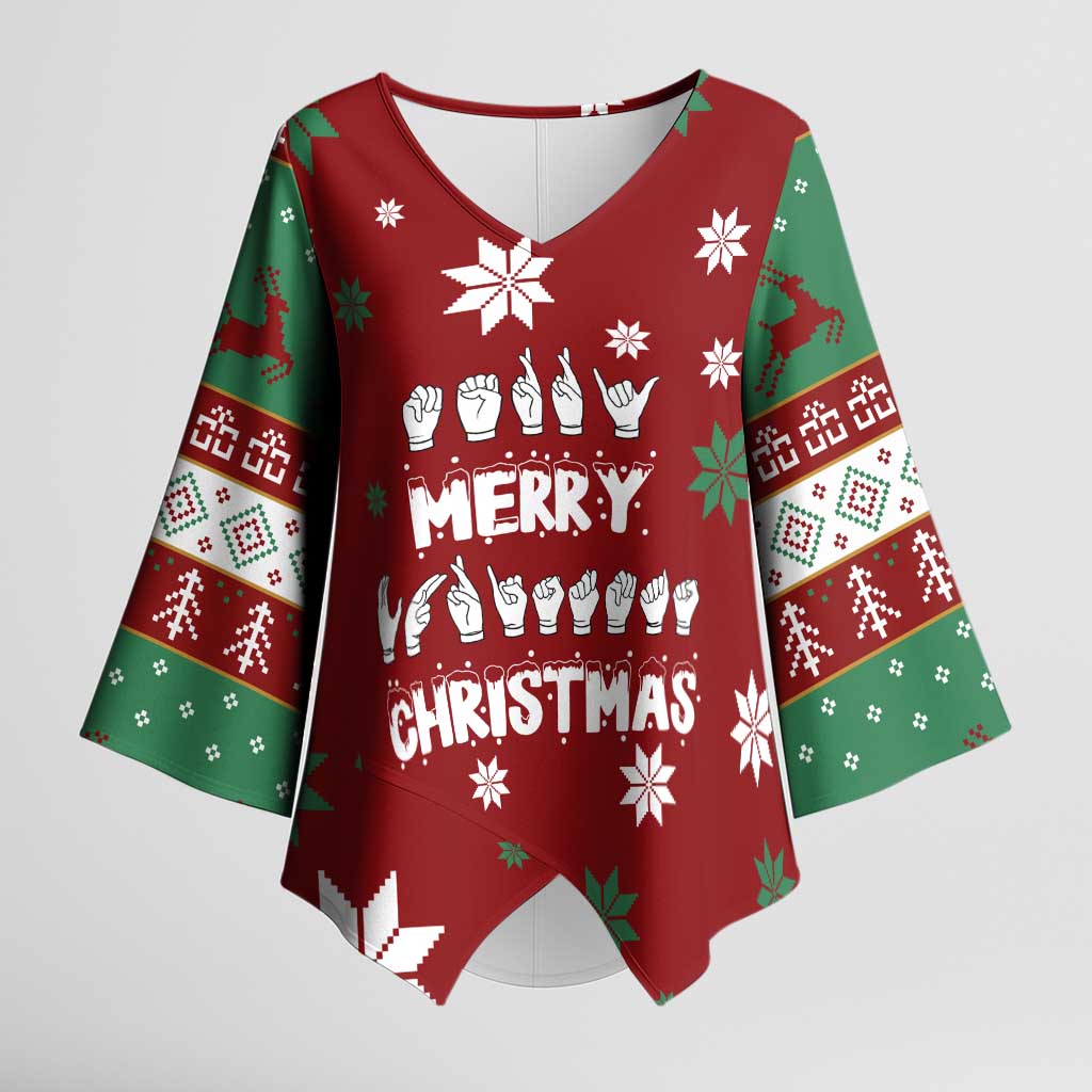 Sign Language Merry Christmas Kimono Sleeve Blouse Xmas Holiday Patterns - Wonder Print Shop