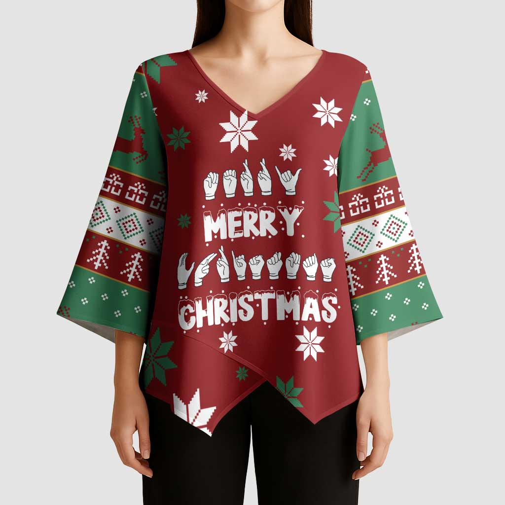 Sign Language Merry Christmas Kimono Sleeve Blouse Xmas Holiday Patterns - Wonder Print Shop