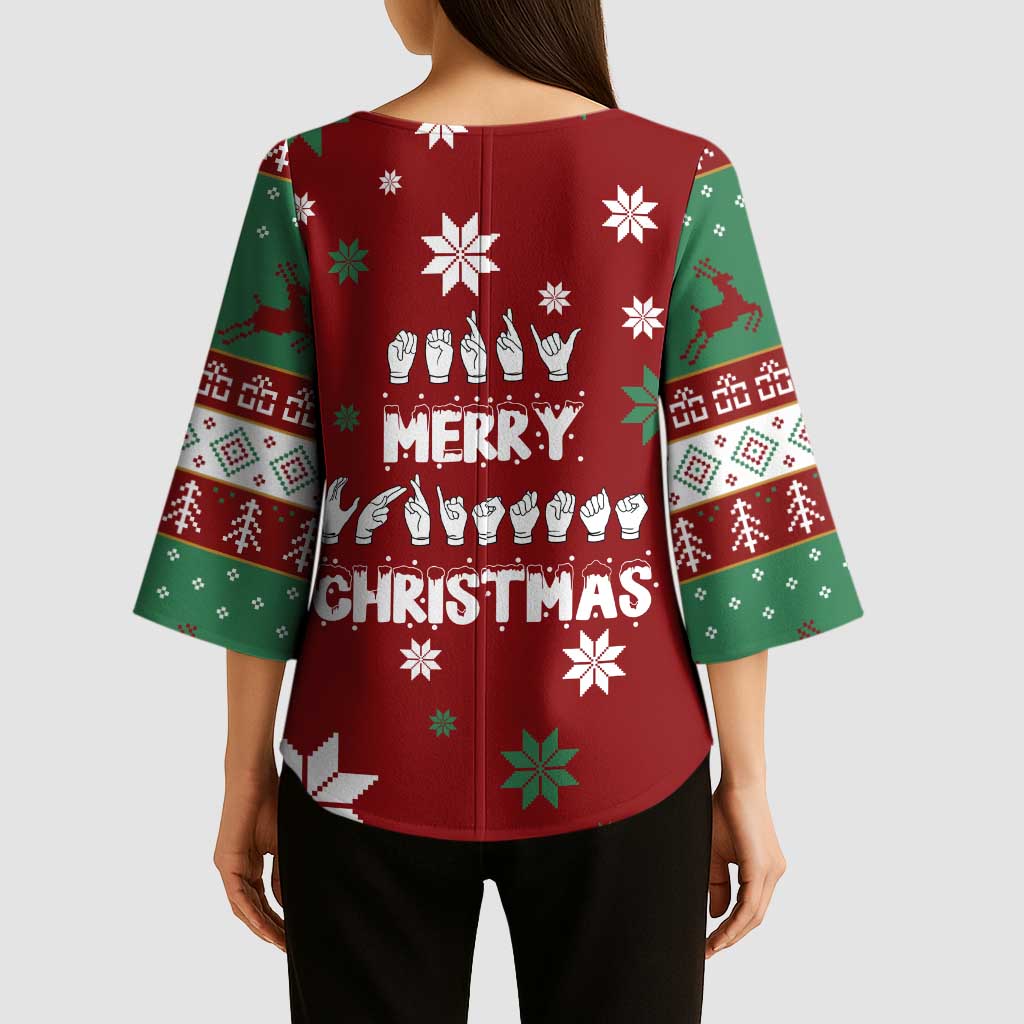 Sign Language Merry Christmas Kimono Sleeve Blouse Xmas Holiday Patterns - Wonder Print Shop