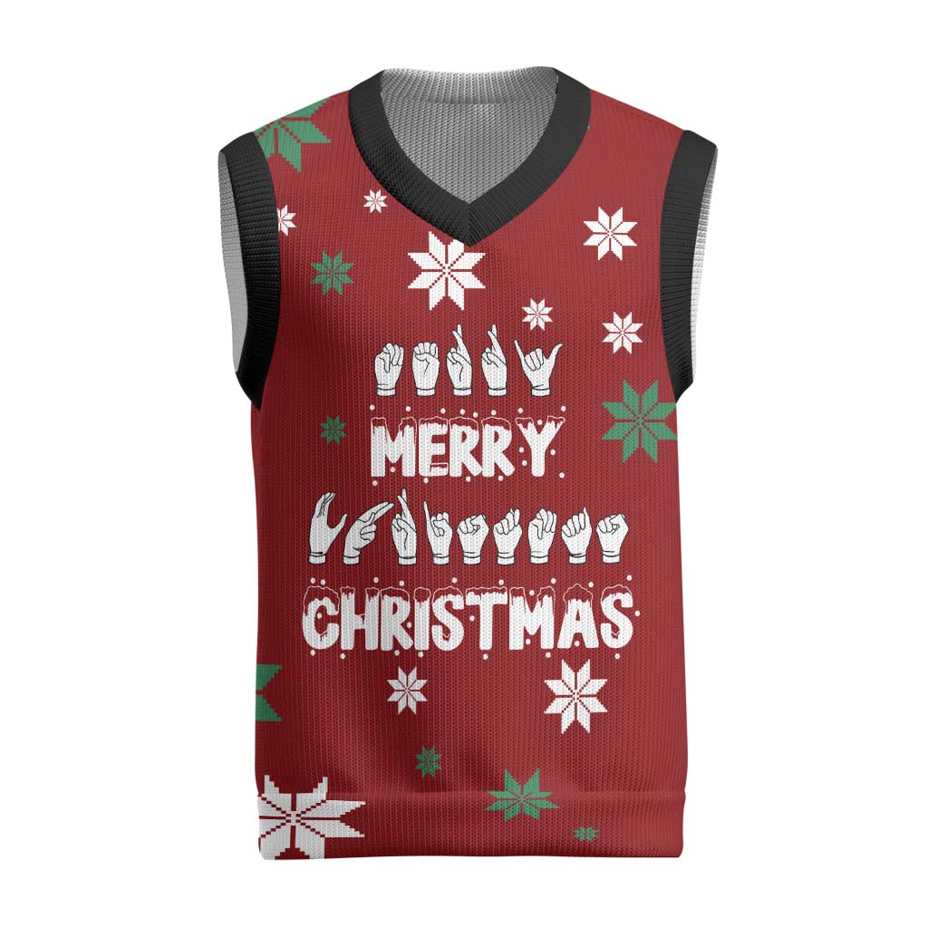 Sign Language Merry Christmas Knitted V-Neck Vest Xmas Holiday Patterns - Wonder Print Shop