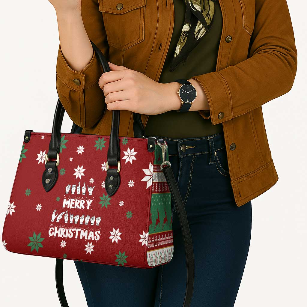 Sign Language Merry Christmas Leather Bag Xmas Holiday Patterns - Wonder Print Shop