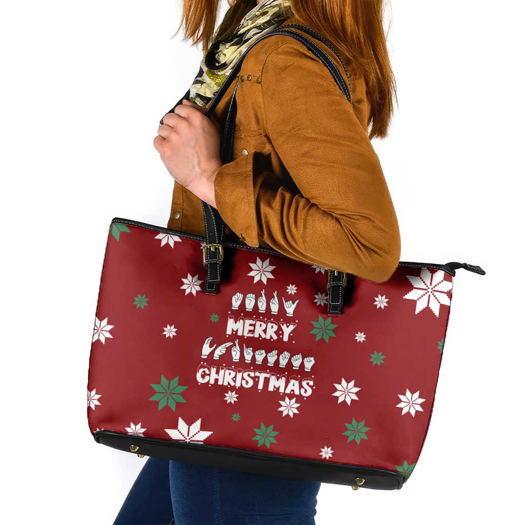 Sign Language Merry Christmas Leather Tote Bag Xmas Holiday Patterns - Wonder Print Shop