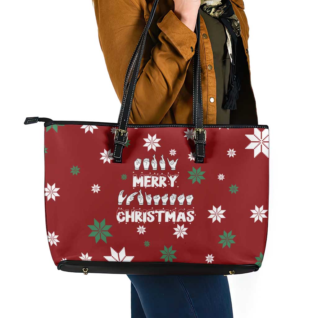 Sign Language Merry Christmas Leather Tote Bag Xmas Holiday Patterns - Wonder Print Shop