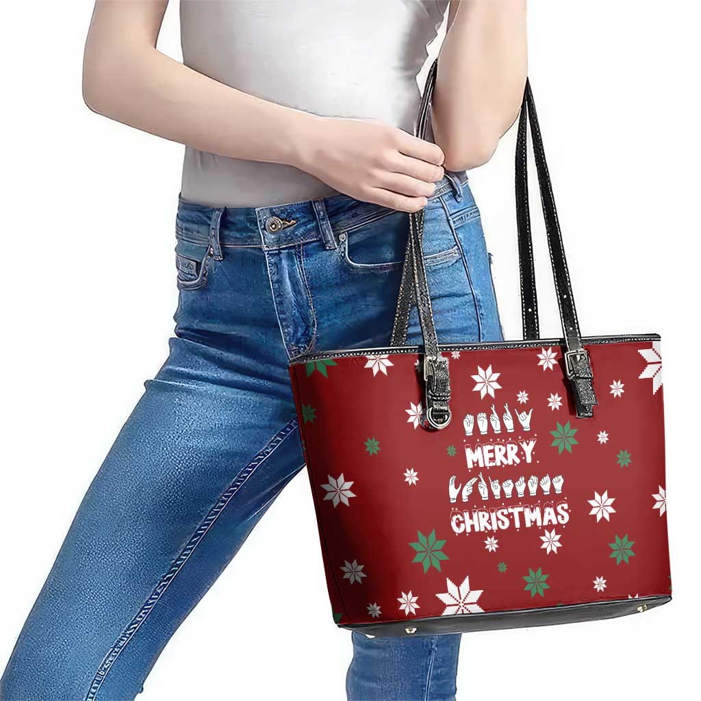 Sign Language Merry Christmas Leather Tote Bag Xmas Holiday Patterns - Wonder Print Shop