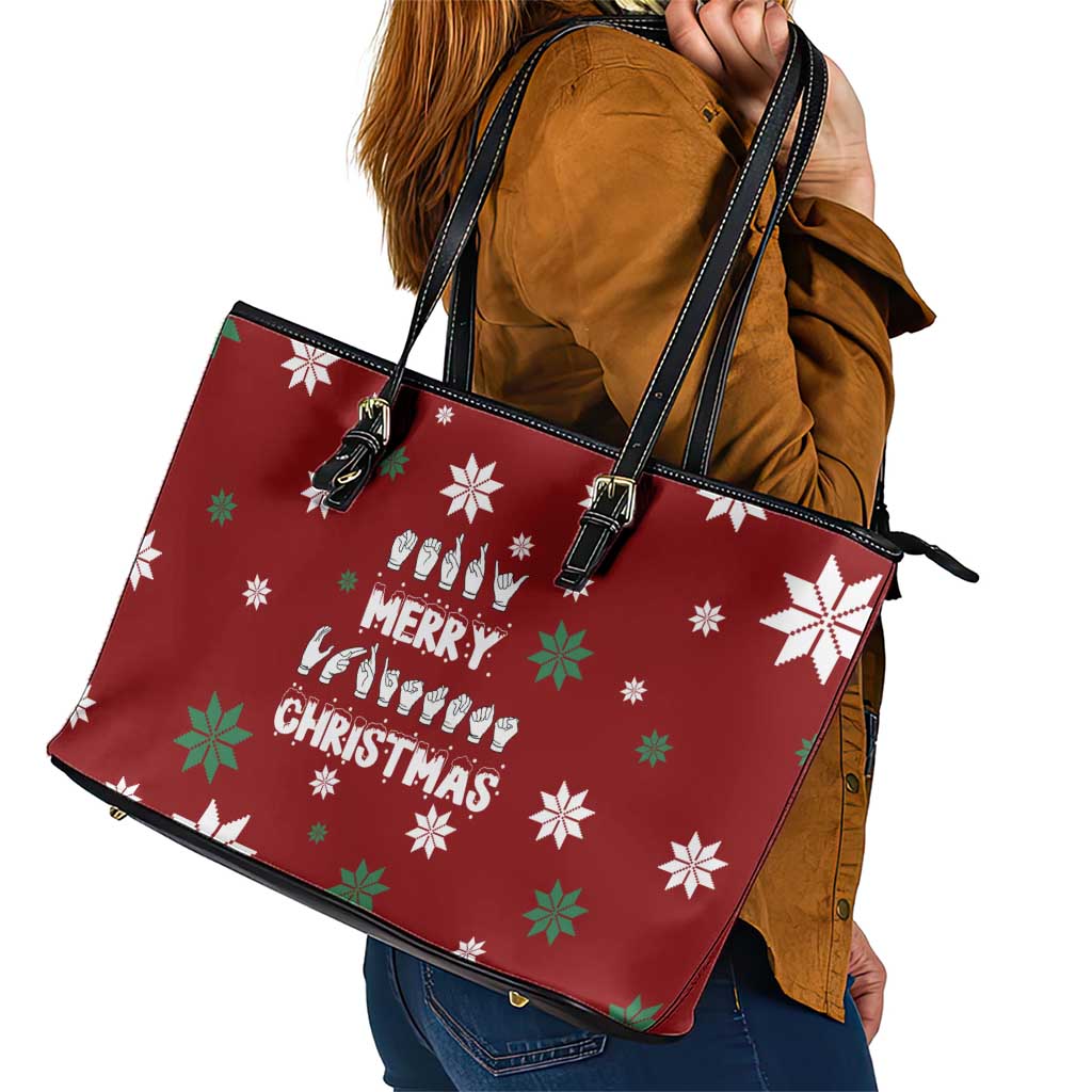 Sign Language Merry Christmas Leather Tote Bag Xmas Holiday Patterns - Wonder Print Shop