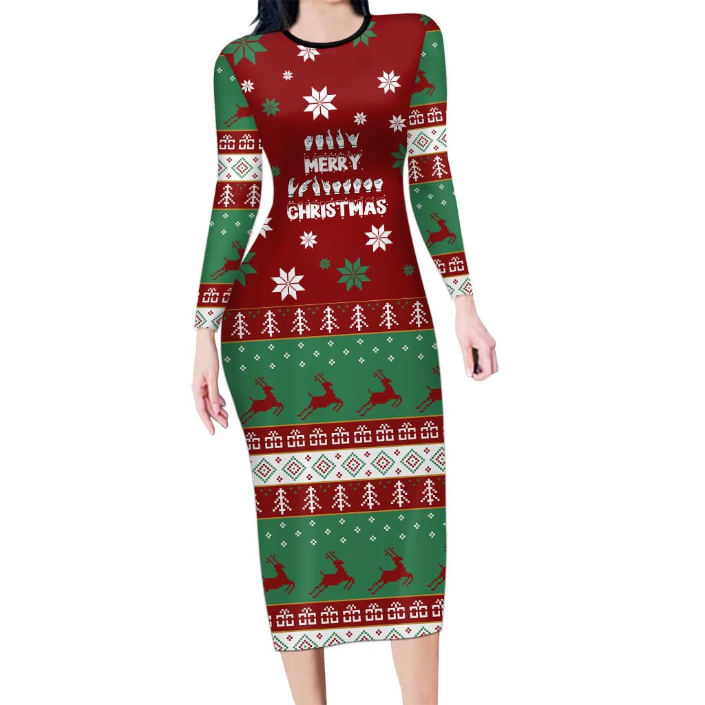 Sign Language Merry Christmas Long Sleeve Bodycon Dress Xmas Holiday Patterns - Wonder Print Shop