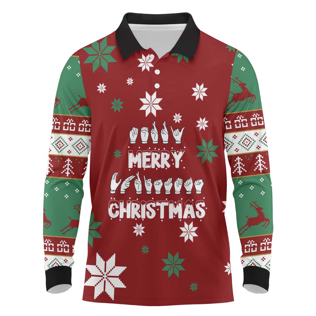 Sign Language Merry Christmas Long Sleeve Polo Shirt Xmas Holiday Patterns - Wonder Print Shop