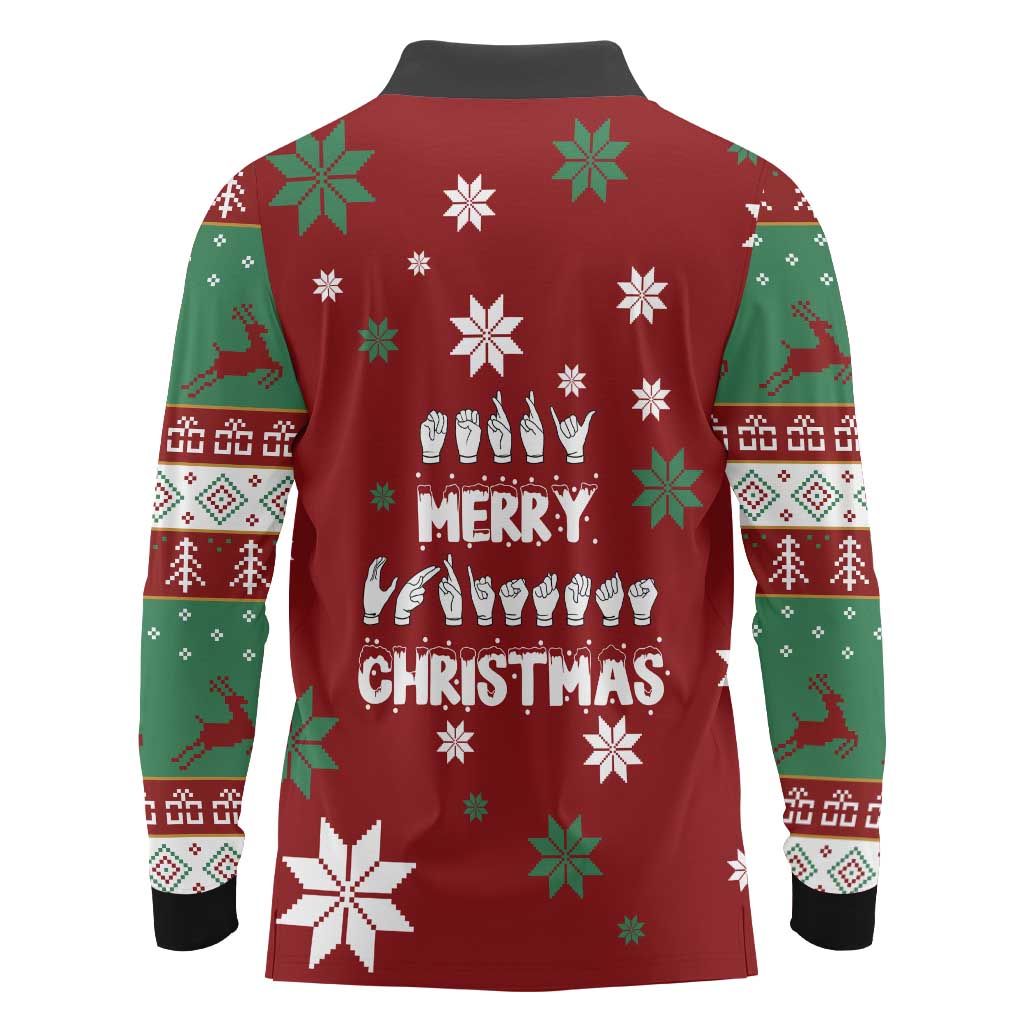 Sign Language Merry Christmas Long Sleeve Polo Shirt Xmas Holiday Patterns - Wonder Print Shop