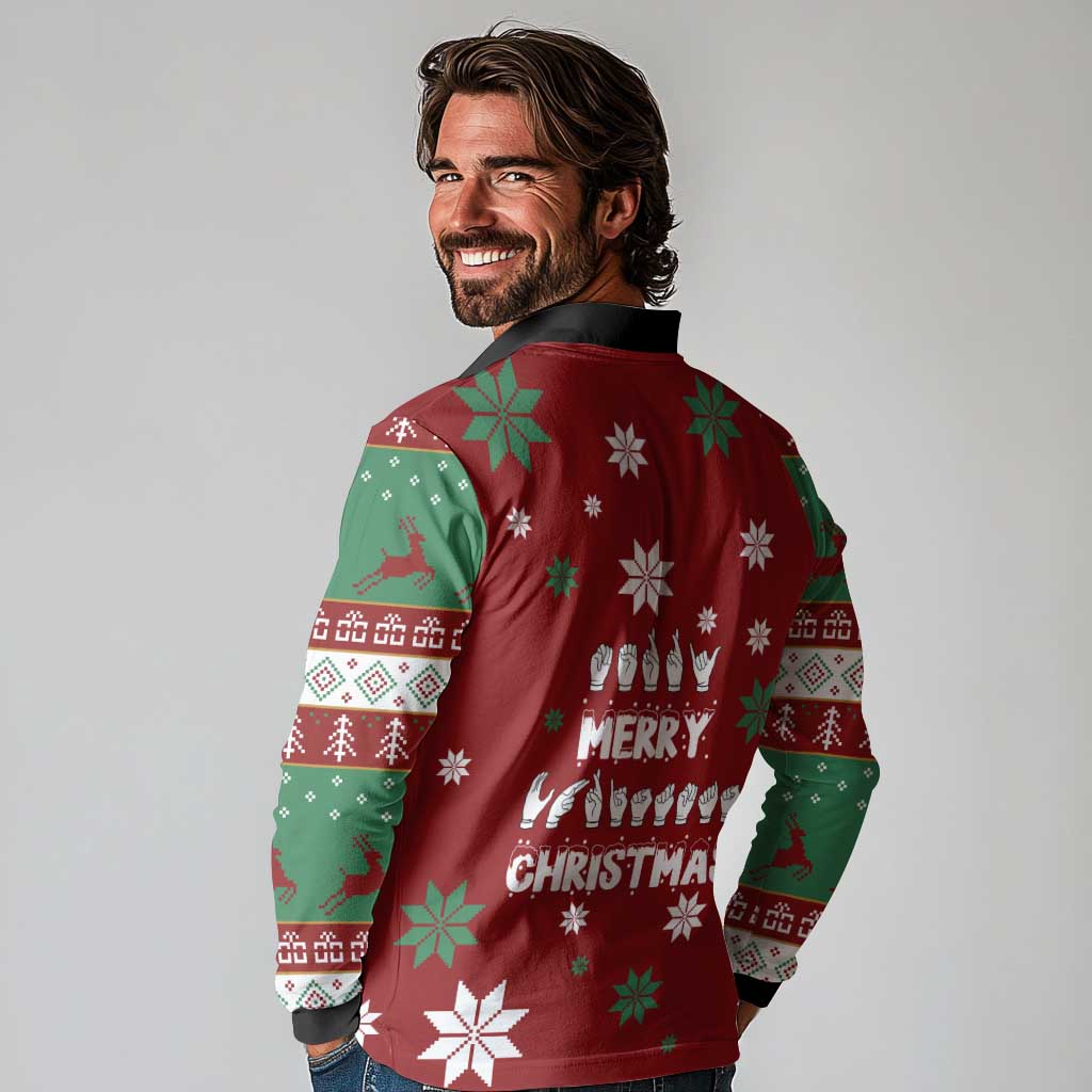 Sign Language Merry Christmas Long Sleeve Polo Shirt Xmas Holiday Patterns - Wonder Print Shop