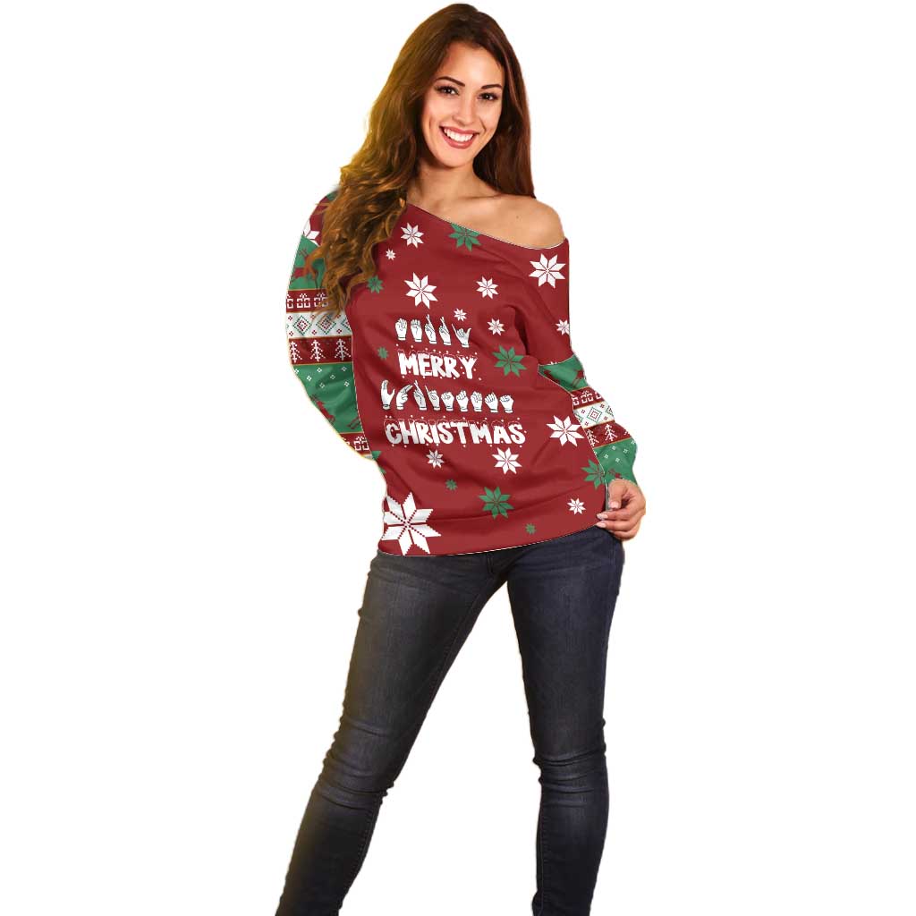 Sign Language Merry Christmas Off Shoulder Sweater Xmas Holiday Patterns - Wonder Print Shop