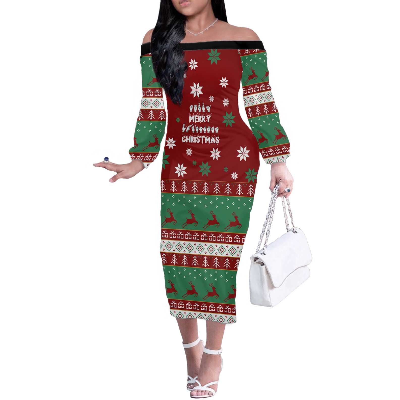 Sign Language Merry Christmas Off The Shoulder Long Sleeve Dress Xmas Holiday Patterns - Wonder Print Shop