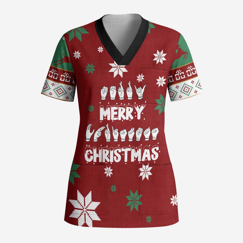 Sign Language Merry Christmas Scrub Top Xmas Holiday Patterns - Wonder Print Shop