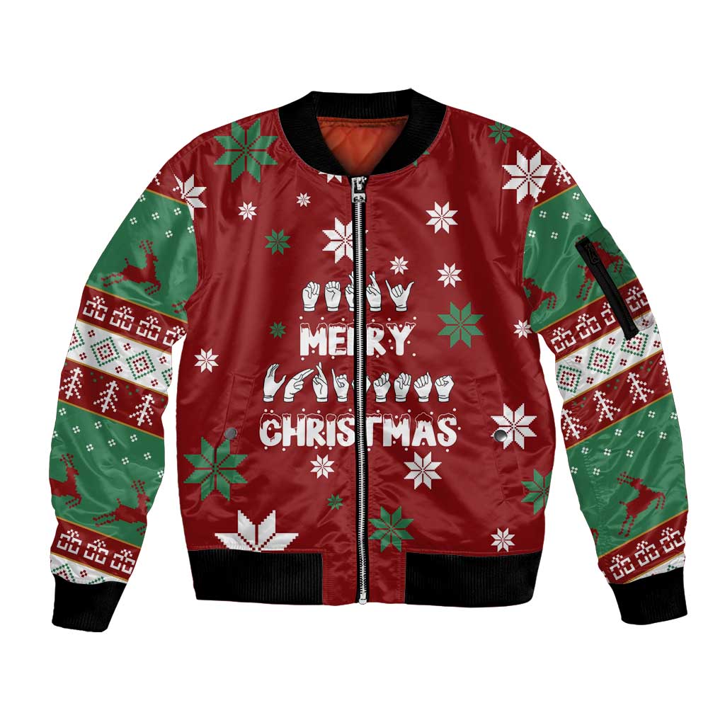 Sign Language Merry Christmas Sleeve Zip Bomber Jacket Xmas Holiday Patterns - Wonder Print Shop