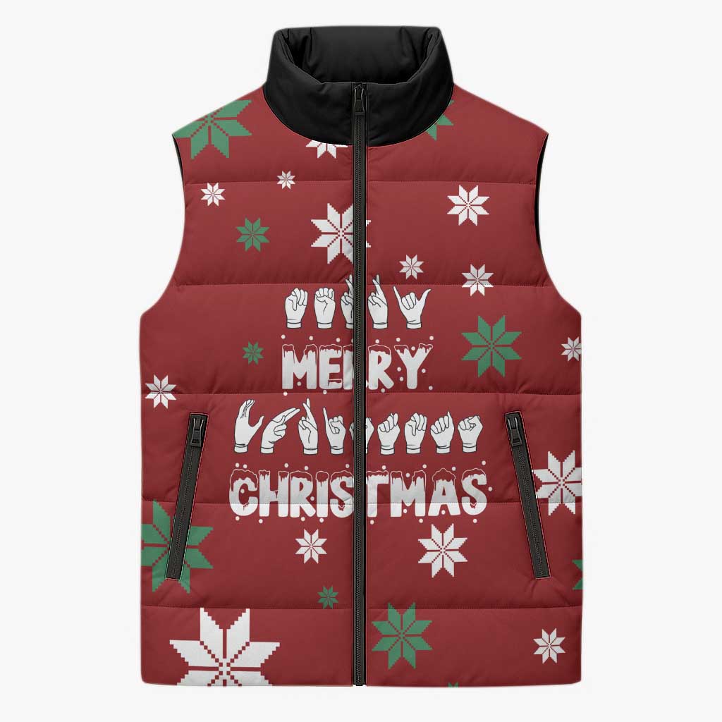 Sign Language Merry Christmas Sleeveless Puffer Jacket Xmas Holiday Patterns - Wonder Print Shop