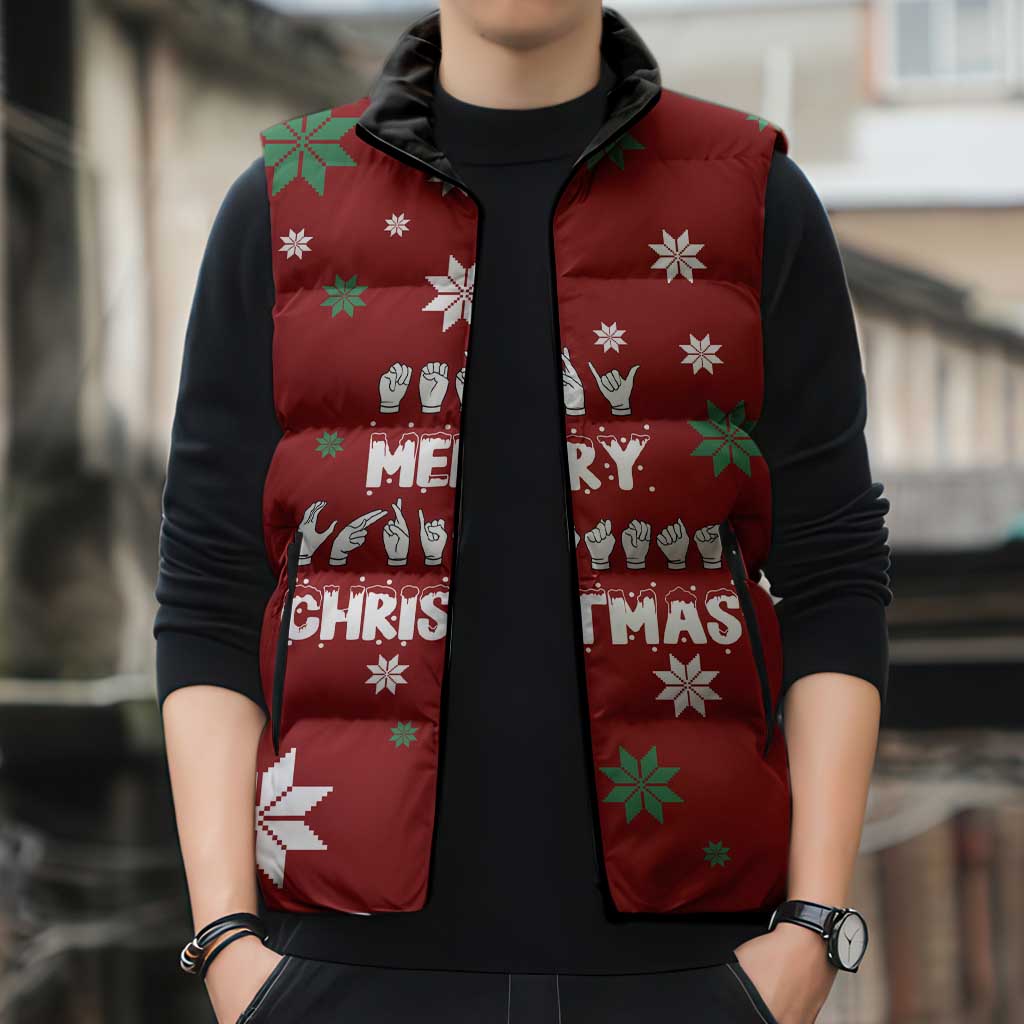 Sign Language Merry Christmas Sleeveless Puffer Jacket Xmas Holiday Patterns - Wonder Print Shop