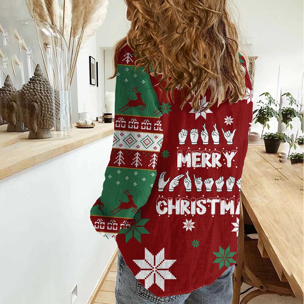 Sign Language Merry Christmas Women Casual Shirt Xmas Holiday Patterns - Wonder Print Shop