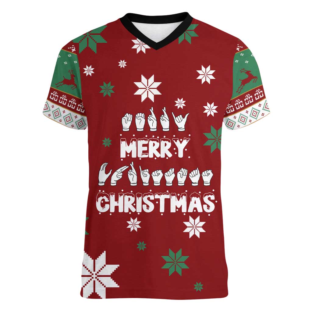 Sign Language Merry Christmas Women V-Neck T-Shirt Xmas Holiday Patterns - Wonder Print Shop