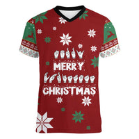 Sign Language Merry Christmas Women V-Neck T-Shirt Xmas Holiday Patterns - Wonder Print Shop